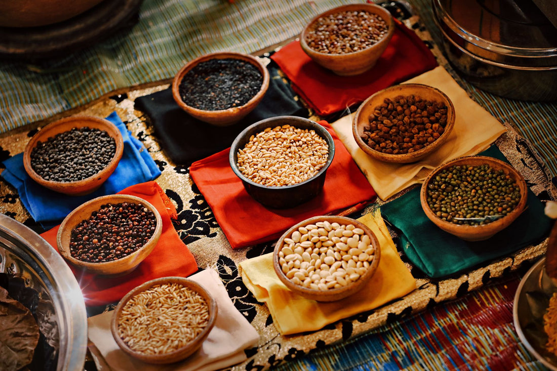 Colourful bowl of cooked beans, whole grains and seasonal vegetables showing healthy eating on a budget