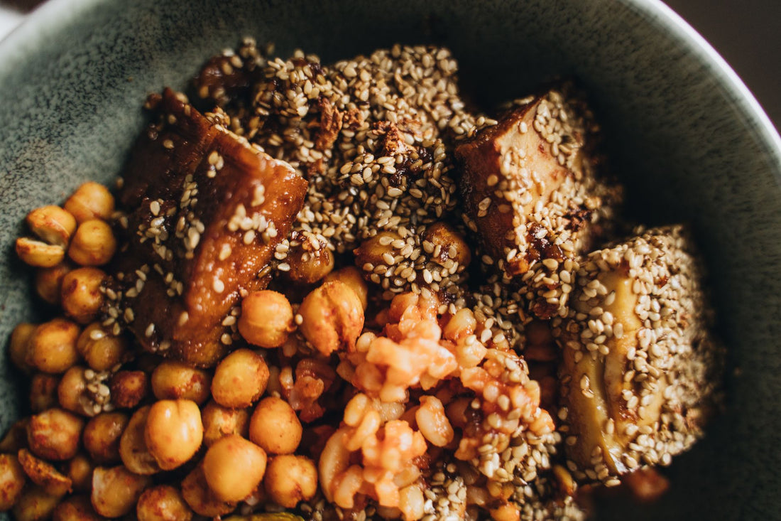 Traditional Okinawa diet foods including purple sweet potatoes and tofu