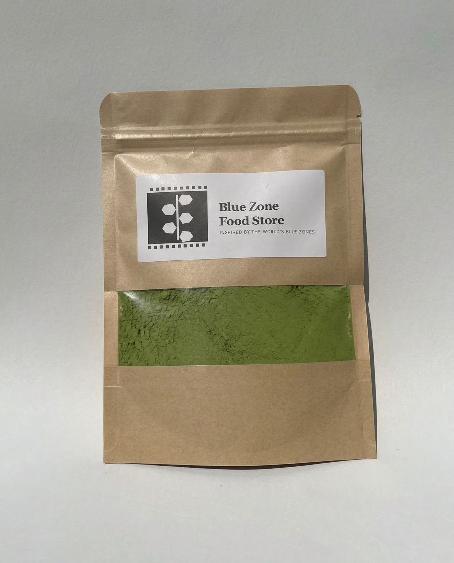 Ceremonial Grade Matcha — AI-generated placeholder in Blue Zone Food Store kraft pouch