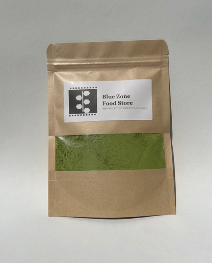 Ceremonial Grade Matcha — AI-generated placeholder in Blue Zone Food Store kraft pouch