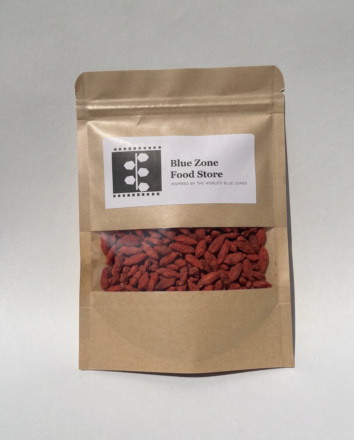 Blue Zone Food Store kraft pouch of Dried Goji Berries