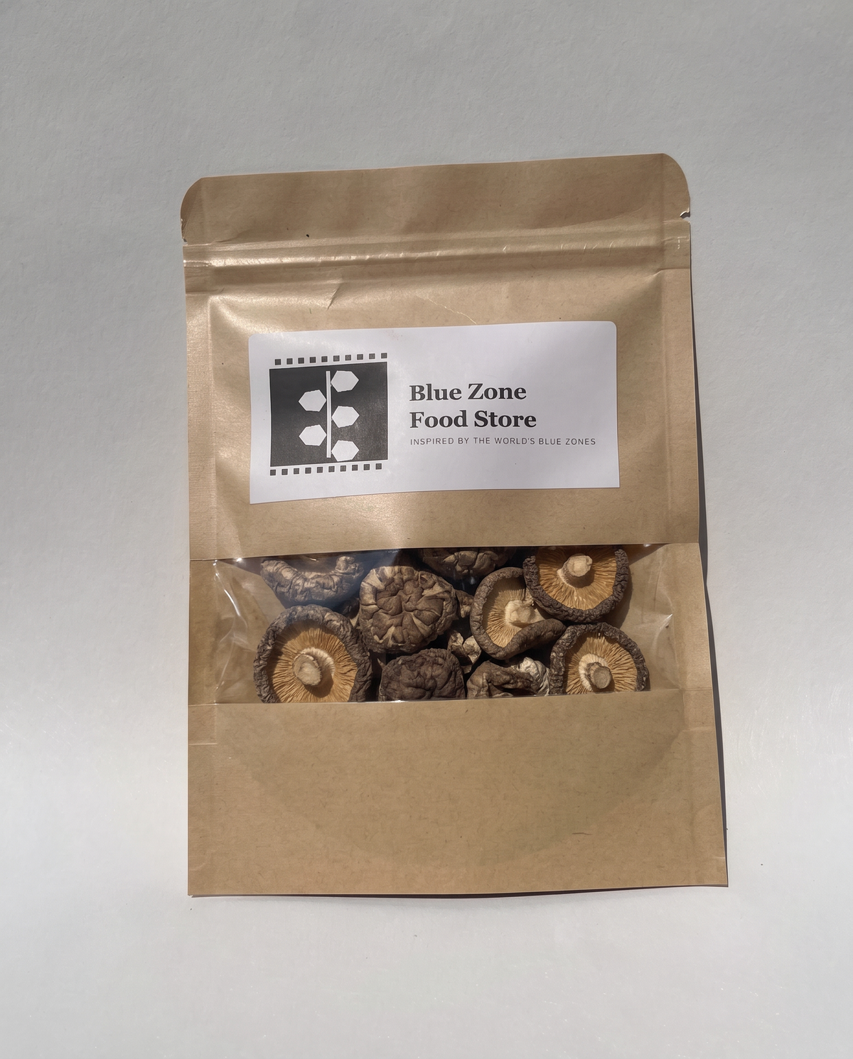 Blue Zone Food Store kraft pouch of Dried Shiitake Mushrooms
